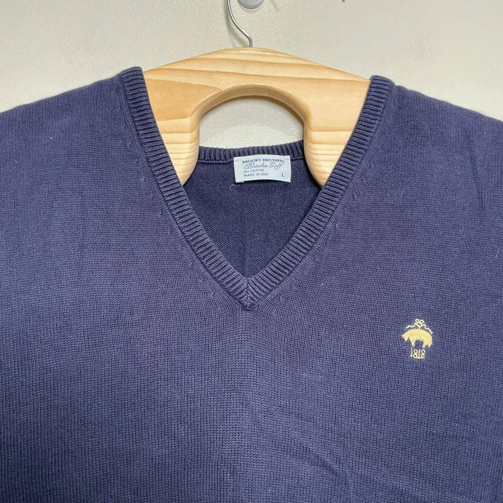 Brooks Brothers Brooks Golf Sweater Vest V-Neck Cotton Mens L Navy Blue USA
